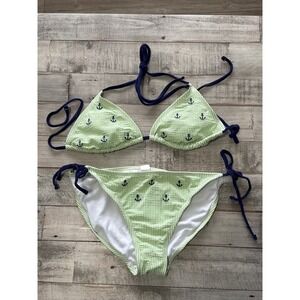 Xhilaration Green Seersucker Anchor Bikini Set Triangle Top Side Tie Bottoms S